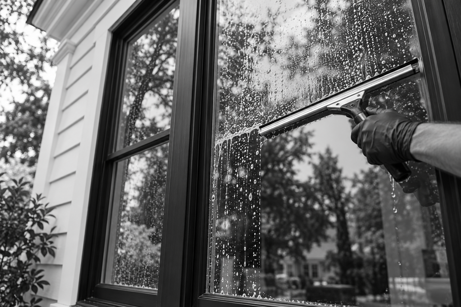 Illustrative photograph of a squeegee cleaning the outside of a residential window